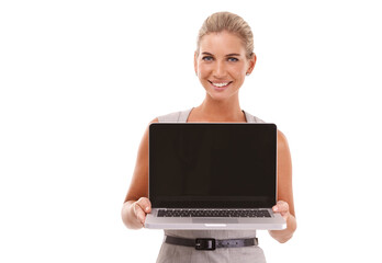 Laptop mockup, portrait and businesswoman on an isolated, transparent png background for advertising space. Happy worker, female model and computer technology, website and digital marketing platform