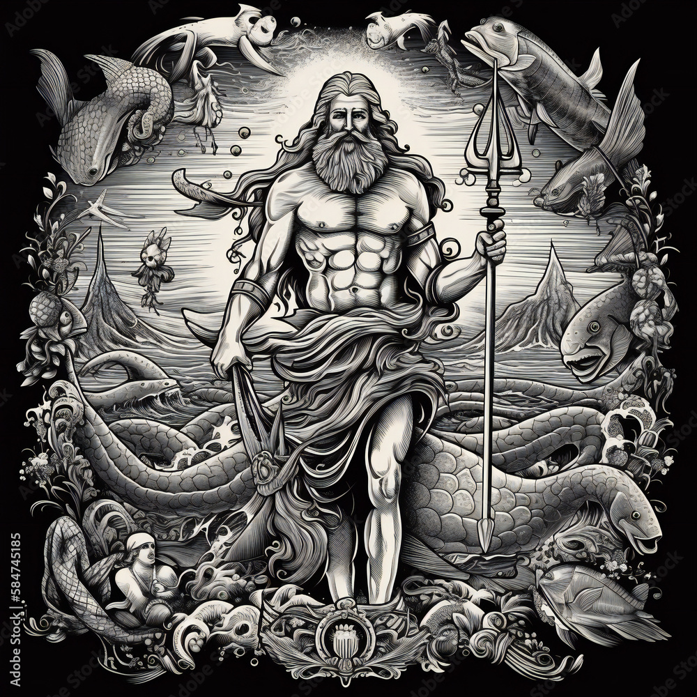 artistic illustration of poseidon, mythical sea deity, generative AI ...