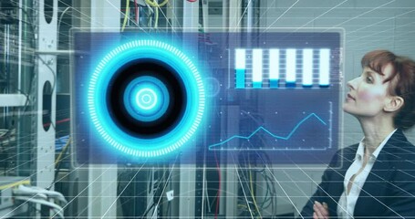 Poster - Animation of data processing over caucasian woman checking servers