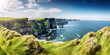 beautiful sunny beach coast, white cliffs, green valley and meadows, ireland landscape background,