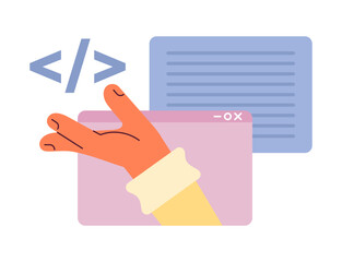 Fototapete - Creating website script flat concept vector spot illustration. Webpages. Editable 2D cartoon objects with hand on white for web design. Technical knowledge creative idea for website, mobile, magazine