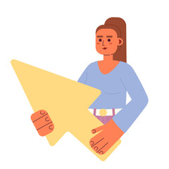 Poster - Female user with arrow cursor flat concept vector spot illustration. Editable 2D cartoon character on white for web design. Girl holding mouse pointer creative idea for website, mobile, magazine