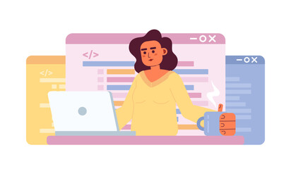 Fototapete - Writing code job flat concept vector spot illustration. Editable 2D cartoon character on white for web design. Applications, software programming creative idea for website, mobile, magazine