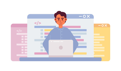 Fototapete - Coding career flat concept vector spot illustration. Programmer. Editable 2D cartoon character on white for web design. Computer software development creative idea for website, mobile, magazine