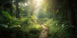 Fototapeta Pokój dzieciecy - sun rays through the healthy morning jungle rainforest, green environment protection concept, generative ai