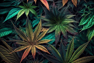 Canvas Print - Growing marijuana background, fresh harvested cannabis leaves, created with generative ai