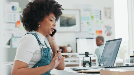 Wall Mural - Compliance, phone and communication with a woman entrepreneur arguing or in disagreement over a call in her office. Contact, stress and review with an upset female employee at work by her desk