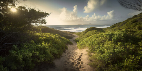 Wall Mural - sunrise over the ocean, small path leading to the beach shore, generative ai