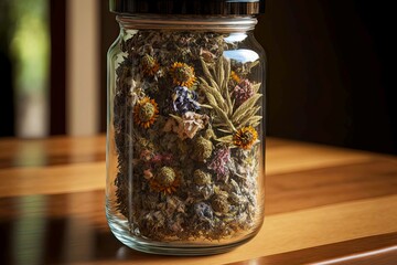 Canvas Print - Assorted cannabis bud strains in glass jar, created with generative ai