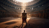 Ancient Roman gladiator standing on the arena in front of a crowd in a Colosseum. Generative AI