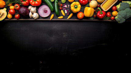 Wall Mural - organic green fresh healthy vegetables and tasty fruits  on a black background, flatlay healthy food concept, generative ai