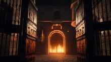 Castle Gate, External Entrance With Arched Door And Burning Torches.