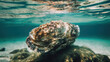 Oyster shell underwater in the sea deep in the ocean. Generative AI
