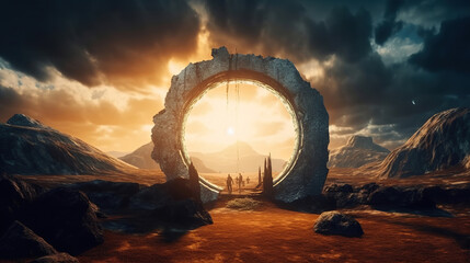 Canvas Print - fantasy alien stone stargate portal on an alien planet, sci-fi illustration concept, generative ai