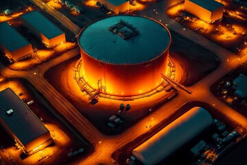 Poster - Illuminated large fuel tanks at Petrochemical industry factory, created with generative ai