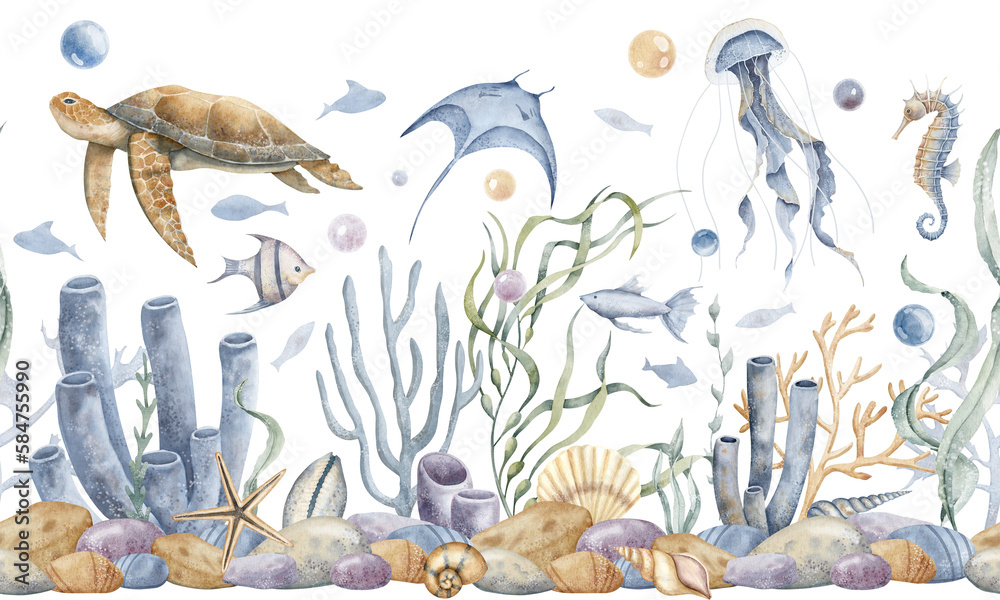 Underwater seamless banner with sea animals and fish on isolated ...