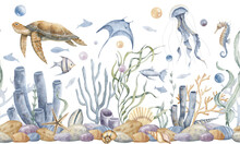 Underwater Seamless Banner With Sea Animals And Fish On Isolated Background. Hand Drawn Watercolor Illustration With Tropical Marine Flora. Undersea Pattern With Seabed, Corals, Reefs And Seaweeds