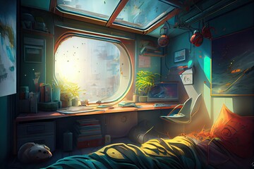 Wall Mural - illustration cartoon design of a crowded astronaut's sitting bedroom in the spaceship and looking ou