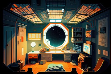 Wall Mural - illustration cartoon design of a crowded astronaut's sitting bedroom in the spaceship and looking ou