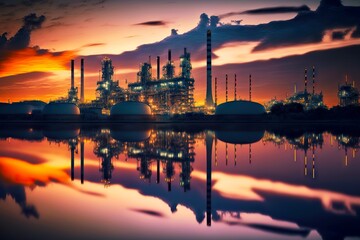 Canvas Print - Powerful modern Petrochemical industry factory against background of yellow purple sky, created with generative ai