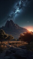Wall Mural - Milky Way and mountains at night. Beautiful landscape with bright milky way arch, rocky path, starry sky at night in Nepal. Trail in mountain valley, sky with stars. Generative Ai