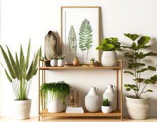 Poster - Beautiful interior composition with picture frame mockup and light wooden shelves, created with generative ai