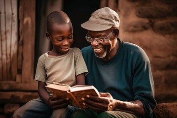 A happy father reading the Bible book to his son in the nature Generative AI Illustration