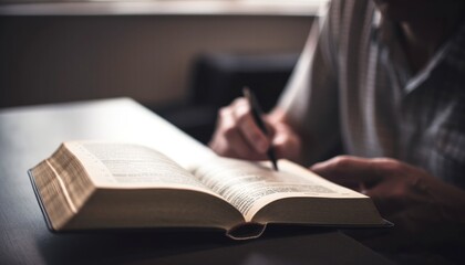 Wall Mural - A religious man reading and studding the bible with blurred background Generative AI Illustration