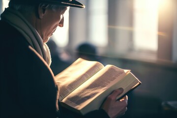 Wall Mural - A religious old man reading and studding the bible with blurred background Generative AI Illustration