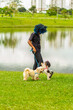 © Angela - Uma jovem mulher negra, com cabelos afro pintados de azul, passeando com seus cachorros no gramado ao lado de um lago no parque.