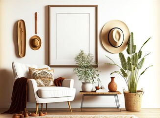 Poster - Beautiful rustic room interior with picture frame mockup and green plants, created with generative ai