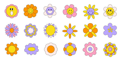 Wall Mural - Groovy retro set funny cartoon flowers isolated on a white background. Trendy sticker plants pack in  psychedelic style 60s, 70s. Vector illustration 