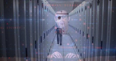 Poster - Animation of caucasian male hacker over man walking in server room