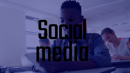 Poster - Animation of social media text over african american boy using digital tablet in the class at school