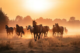 Fototapeta Konie - Horses run on the meadow, generative AI