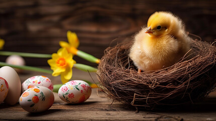 Canvas Print - Chick, bird nest and painted easter eggs. Shallow depth of field. Concept of happy easter day.