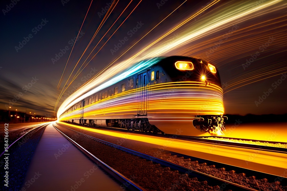Fast-moving train photo at shutter speed at night railway transport ...