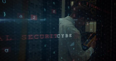 Poster - Animation of data processing over caucasian businessman in server room