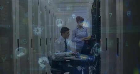 Wall Mural - Animation of data processing over diverse business people in server room