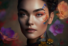 Generative AI Illustration Of Serious Young Asian Female With Bright Colorful Makeup Wearing Traditional Clothes And Accessories Looking At Camera Against Flowers