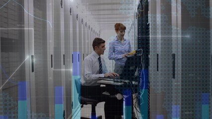 Poster - Animation of digital data processing over two caucasian server room workers
