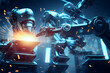 © ADDICTIVE STOCK - Generative AI illustration of futuristic robot welding metal details with professional equipment in modern dark workshop