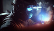 © ADDICTIVE STOCK - Generative AI illustration of unrecognizable professional metal workers in protective masks and uniform welding details while working in dark factory
