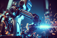 Generative AI Illustration Of Futuristic Robot Welding Metal Details With Professional Equipment In Modern Dark Workshop