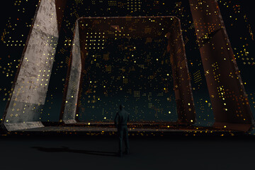 Man in front of a data manager cube