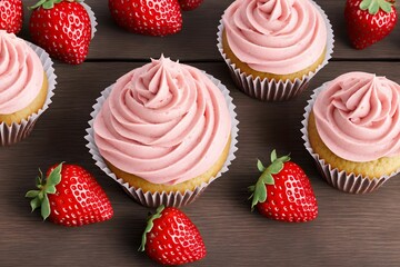 Wall Mural - cupcakes with strawberry and frosting, generative art by A.I.