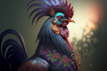 Wall Mural - Fantasy bird rooster portrait with flowers on fabulous background, created with generative ai