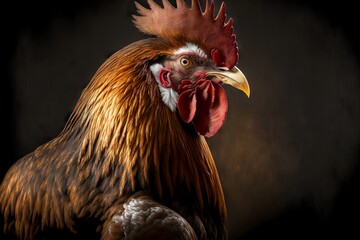 Wall Mural - Head of red aggressive rooster portrait on dark background, created with generative ai