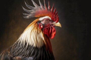 Wall Mural - Farm animals head rooster portrait on dark background, created with generative ai