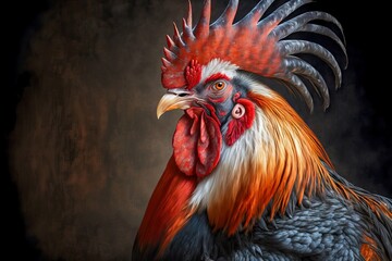 Wall Mural - Beautiful farm bird studio shot rooster portrait on dark background, created with generative ai